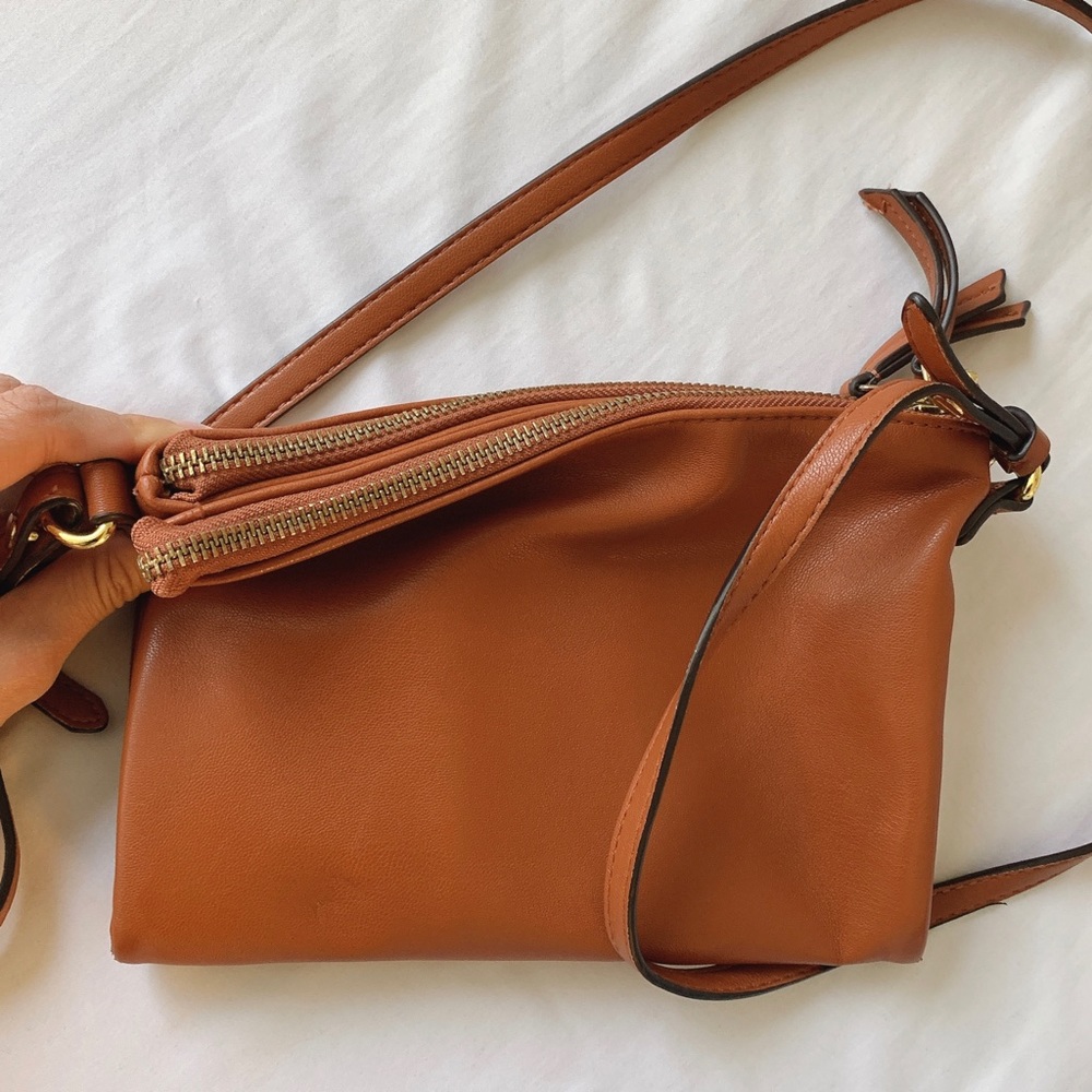 Vegan Leather Double Zip Brown Crossbody